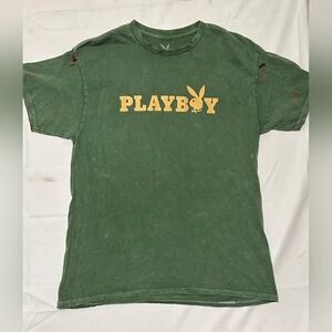 Playboy Graphic Tee Green Upcycled Distressed Men's L Women's XL 21–24 P2P